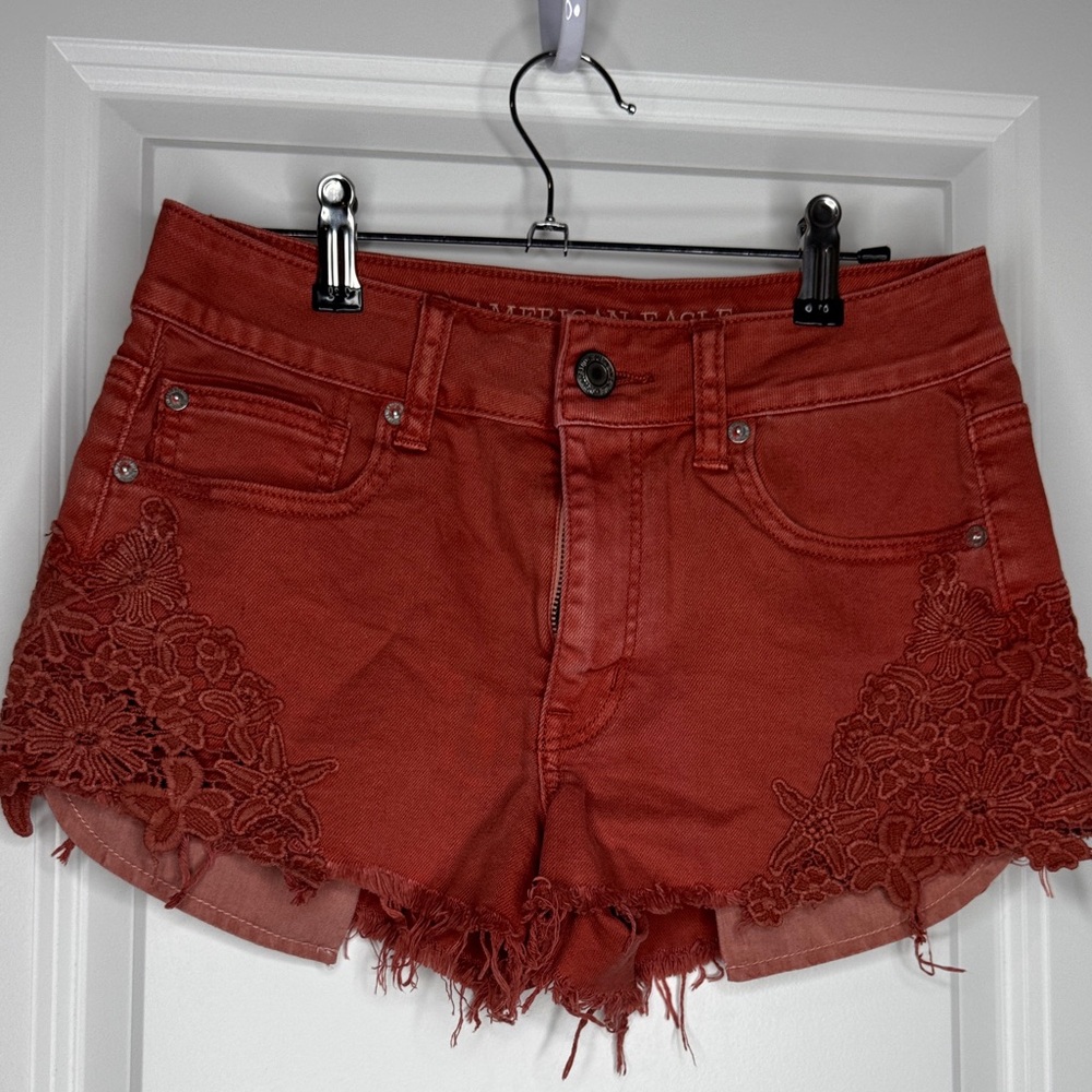 American Eagle Outfitters Red Jean Shorts with Lace Detail